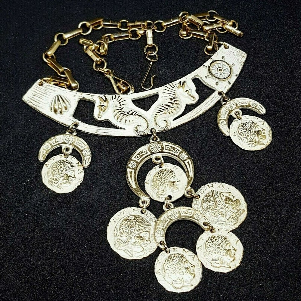 CORO ETRUSCAN NECKLACE Nautical Ocean SEAHORSES COINS Roman Greek 1960s SIGNED